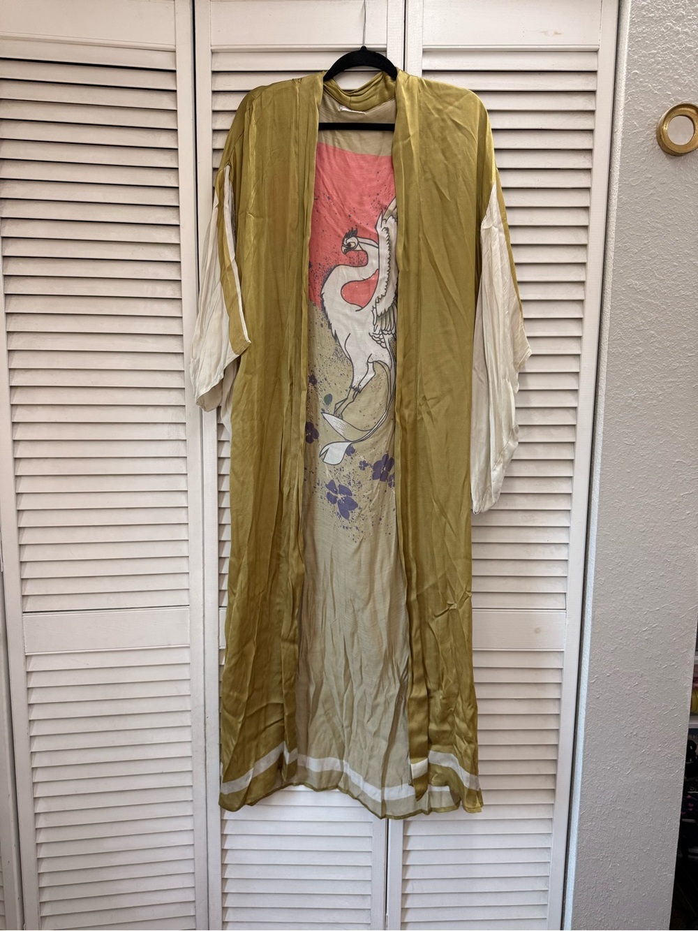 Free People Olive Green Crane Print Long Kimono with Red Accent - Picture 4 of 4